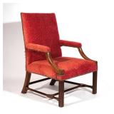 18TH C. CHIPPENDALE MAHOGANY LIBRARY ARMCHAIR | Upholstered back and over upholstered seat, shaped a