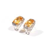 CITRINE, DIAMOND, & 14K WHITE GOLD EARRING | Omega-backed earrings, each set with a faceted citrine 