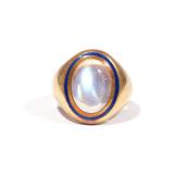 MOONSTONE & ENAMEL 14K RING | 14k yellow gold ring set with an oval moonstone and blue enamel halo, 