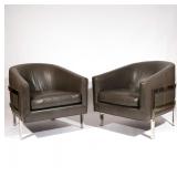 PAIR CHROME & LEATHER BARREL CHAIRS | Contemporary barrel back chairs, label reads: Mitchell Gold & 