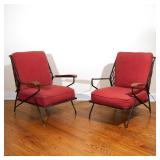 PAIR TEMPESTINI FOR SALTERINI LOUNGE CHAIRS | Wrought iron with wooden arm rests, red cushions