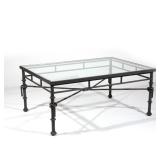 DIEGO GIACOMETTI-STYLE PATINATED BRASS LOW TABLE | With inset glass top. h. 17-1/2 w. 40 d. 28 in.