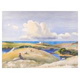 JULIUS DELBOS, NA (AMERICAN, 1879-1970) | Coastal hills with figure in repose. Watercolor on paper. 