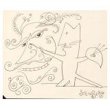 (MANNER OF) SAUL STEINBERG (AMERICAN, 1914-1999) | Cat painting a man. Pen and ink on paper. h. 7 w.