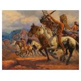 JALAL GHARBI (TUNISIAN/ AMERICAN, 1920-2005) | Armed Warriors On The Charge. Oil on canvas. h. 36 w.