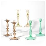 (6PC) THREE PAIRS GLASS CANDLESTICKS | Blown color glass in Venetian green, yellow, and light brown;