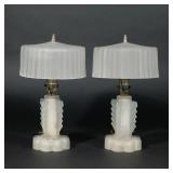 PAIR ART DECO FROSTED GLASS BOUDOIR LAMPS | Circa 1920s, with linen-fold shades and ribbed cylindric