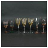 (50PC) MISC. ETCHED COLORED CRYSTAL STEMWARE | etched design; 10 yellow glasses with bow pattern; 3 