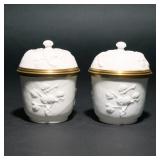 (2PC) PAIR SAINT-CLOUD POT DE CREMES | Circa 1730-1750, white molded porcelain with gilt metallic mo