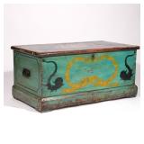 20TH CENTURY SEAMAN’S STYLE STORAGE CHEST | With hand-painted schooner on lid and front with cartouc