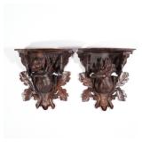 (2PC) PAIR BLACK FOREST-CARVED WALL SHELVES | Deer heads with acanthus leaves. h. 7 w. 6-3/4 d. 4 in