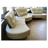Mid Century Modern 3 Piece Leather/ Rattan Back Sofa Set