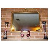 Antique Gilt Wall Mirror, Pair Murano Glass Fish, Pair Carnival Glass Vases