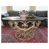 Round Glass Top Ornate Iron Base Coffee & Matching End Table