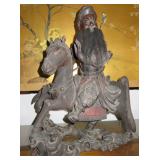 Antique Carved Wood Guan Gong Yu Warrior on Horse Statue