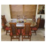 1960 Hand Carved Teak Double Leaf Dining Table w/8 Chairs
