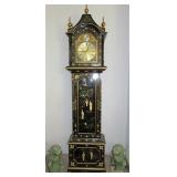 1971 Teak Wood Black Lacquer Grandfather Clock with Mother of  Pearl Figurines Inlay