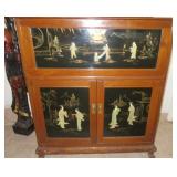 Vintage Teak Wood Bar with Black/Gold Lacquer, Hand Carved Soapstone Figures  