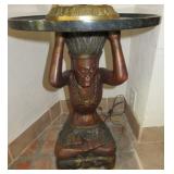 Pair Aborigine Male Wood Carving Statue with Marble Table Tops