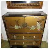 Korean Chest Black & Gold w/brass trim, carved soapstone figures