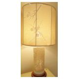 Vintage White Asian Porcelain Pierced Blanc De Chine Cherry Blossom Table Lamps Wood Base