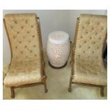 Pair of Vintage Wood Frame Tufted Lounge Chairs