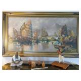 Artist Signed, Weijang  Oil Painting Aberdeen Hong Kong Harbour Scene