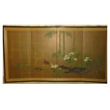 Vintage Japanese Silk Screen Painting with Quail & Bamboo
