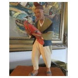 1950s Japanese Hakata Urasaki Doll Man Holding Baby with Wood Base