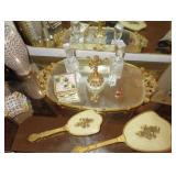 Vintage Gilt Glass Vanity Mirror Tray Set, Perfume Bottles, Capodimonte Trinket Box