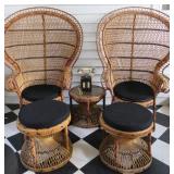 Vintage Rattan Queen Chairs, Foot Stools & Table