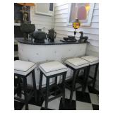   Vintage Mid Century Modern Black White Leather Cocktail Bar with Matching Stools