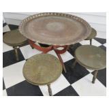 Vintage Mid Century Brass Tray Table Hand Carved Folding Teak Wood Base 