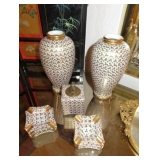 Vintage Japanese Hand-painted Kutani Ware. Vases, Ashtray Lighter Set Marked, Hand Painted Japan Yam