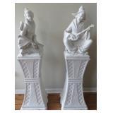 Large Blanc de Chine Italian Porcelain Asian Geisha Girl & Musician Sculpture on Pedestal, Artist Si