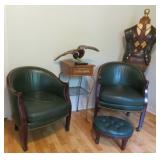 Pair of Green Leather Hancock & Moore Fine Furniture Chairs on Casters and Foot Stool