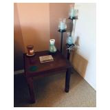 $25 for candle set, 47" tallest, 39" middle, 31" small.  End tables are 23" by 23" inches. Table $35