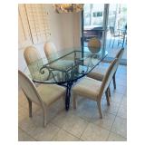 79" long, 48" wide. Table comes w/ all 6 chairs.