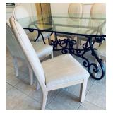 79" long, 48" wide. Table comes w/ all 6 chairs.