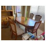 67" long (without extension leaf) , 43" wide, 30" tall. Comes as set, 1 table + 6 chairs.