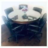 Table is $60: 48" by 48" measurement without leaf extension. Chairs vary from$25-45.  