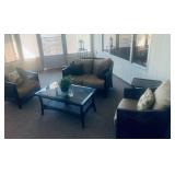Wicker Patio set is $575: Table- 42" long, 24" wide, 20" tall. Bench- 49" long, 38" wide, 32" tall. 