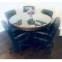Table is $60: 48" by 48" measurement without leaf extension. Chairs vary from$25-45.  