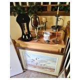Wooden Table/server, Railroad Lantern, Candles, Duck Artwork 