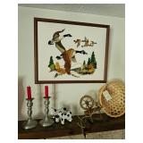 Framed Duck Artwork, Pewter Candlesticks