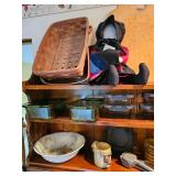 Basket, Amish Doll, Glass cookware, Moose mug 