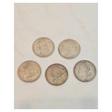 Five 1921 Morgan Silver Dollars