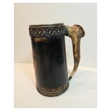 Antique Wooden Tankard With Antler Handle Adorned In Sterling 