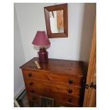Wooden Dresser, Lamp, Framed Hanging Mirror