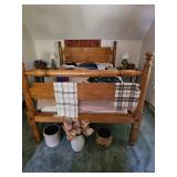 Wooden Bed Frame, Linens, Stoneware pots